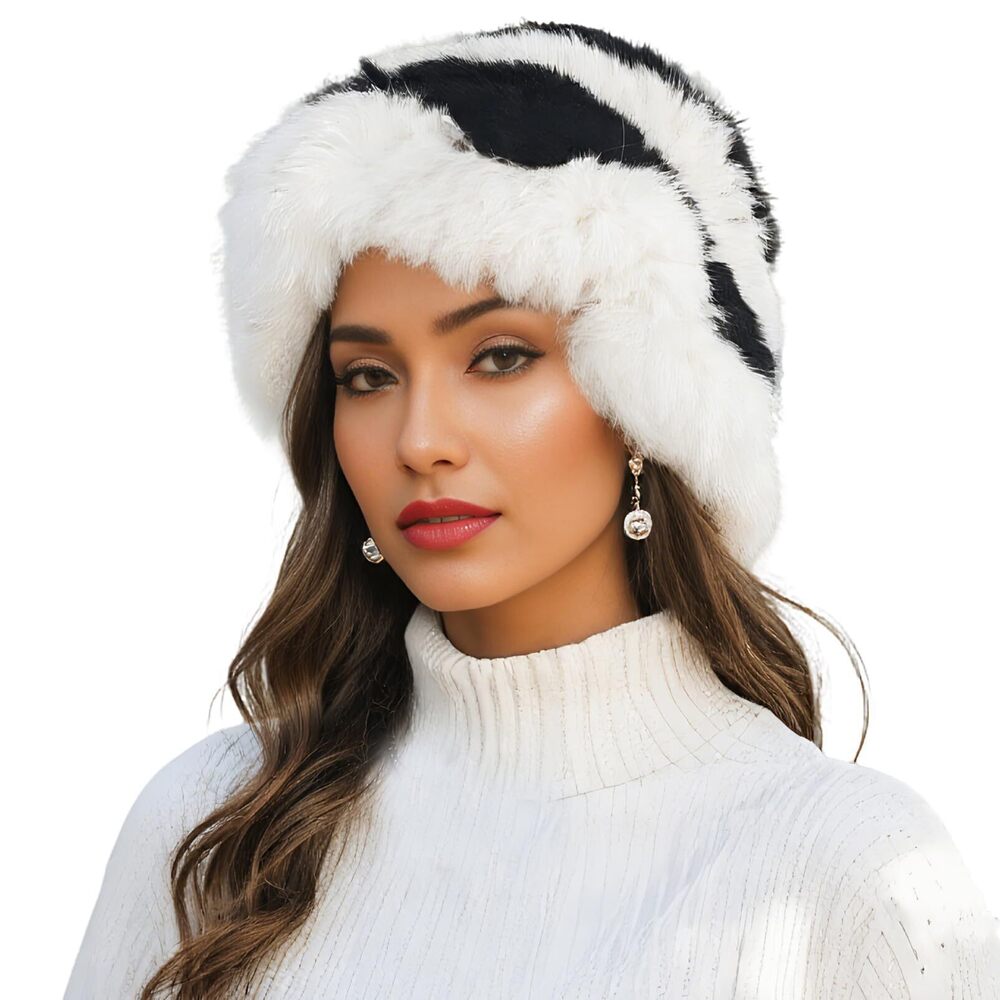8968 Natural Rabbit Fur Hat Knitted Beanie Hat Elastic Warm Cap Furry Soft